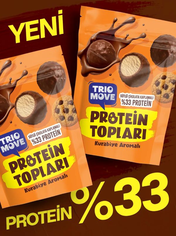 TRİO MOVE SÜTLÜ ÇİKOLATA KAPLI %33 PROTEİN TOPLARI KURABİYE AROMALI 72 GR