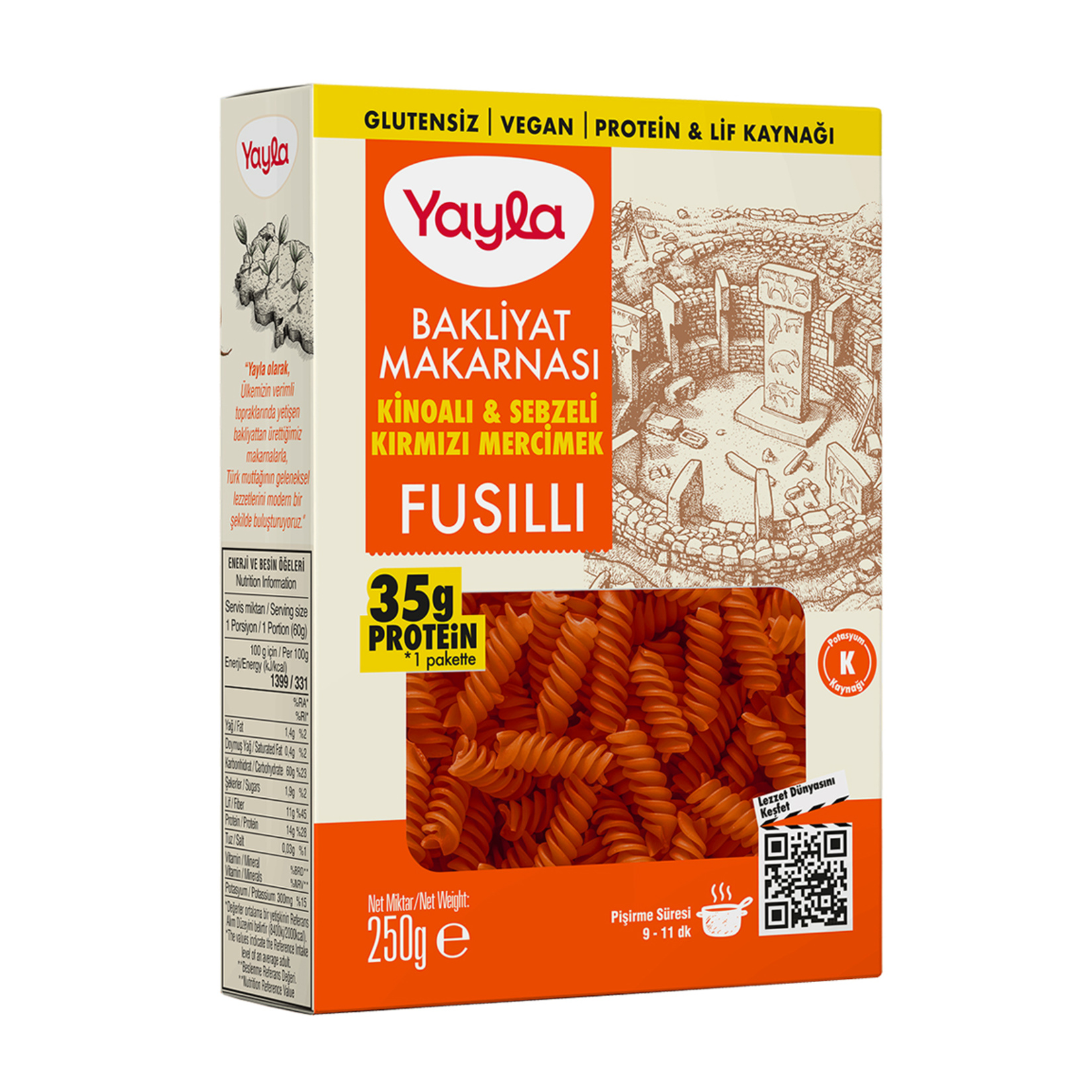 Yayla Bakliyat Makarnası Kinoalı Ve Sebzeli Kırmızı Mercimek Fusilli 250 Gr