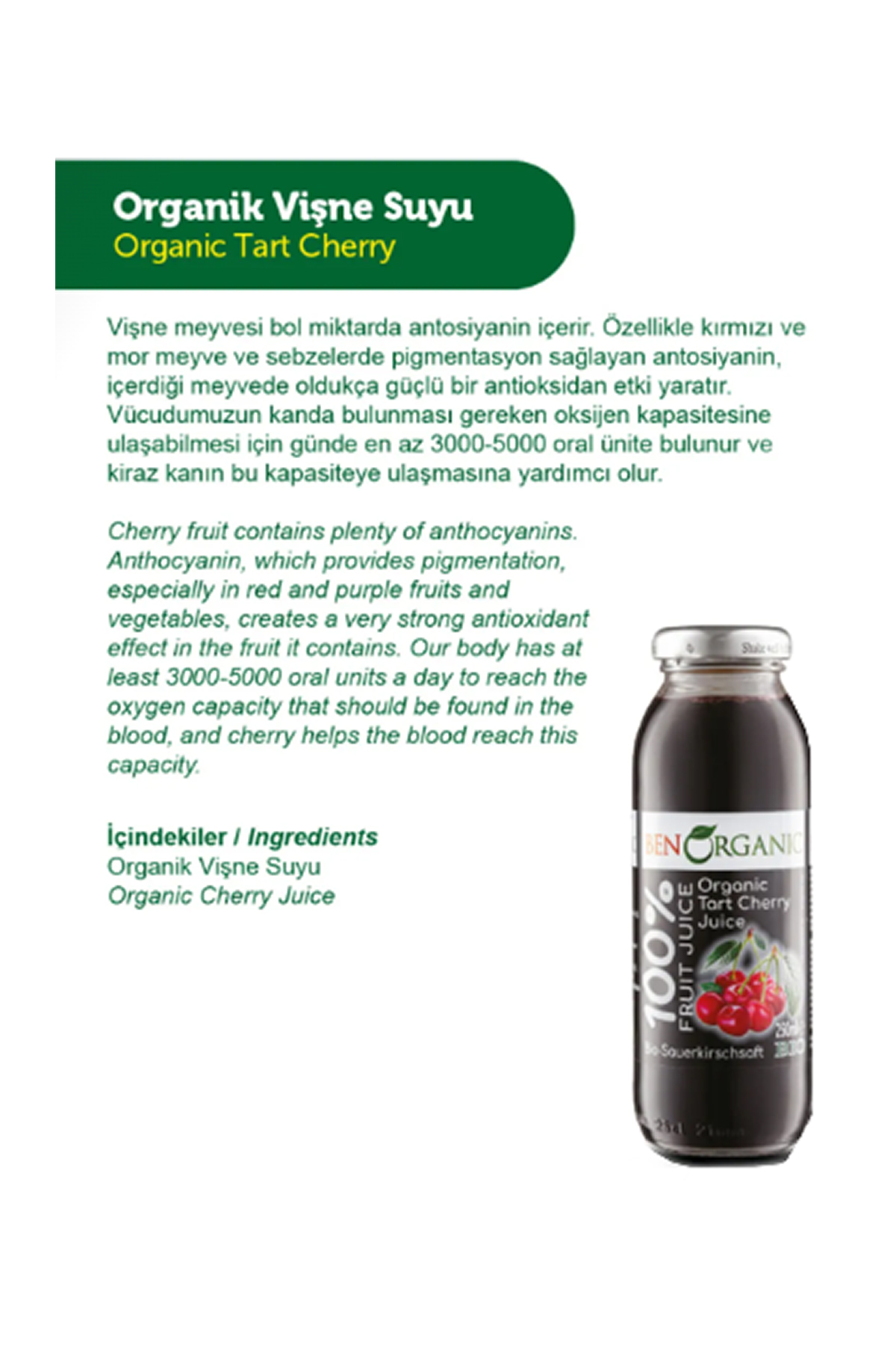 Ben Organic Vişne Suyu 250 ml
