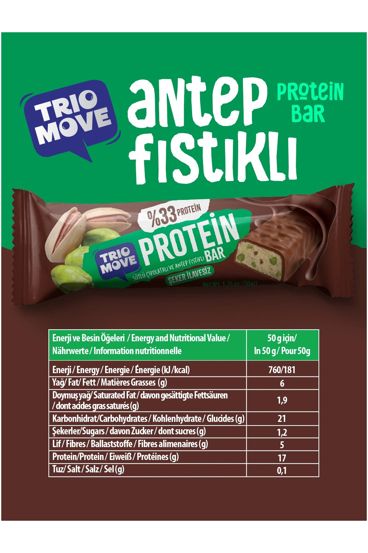 Trio Move %33 Protein Bar Antep Fıstıklı ve Sütlü 50gr