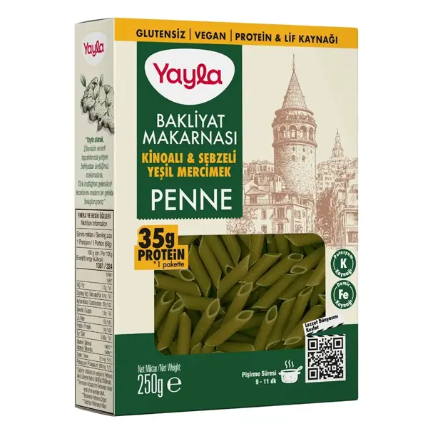 Yayla Bakliyat Makarnası Kinoalı Ve Sebzeli Yeşil Mercimek Penne 250 Gr