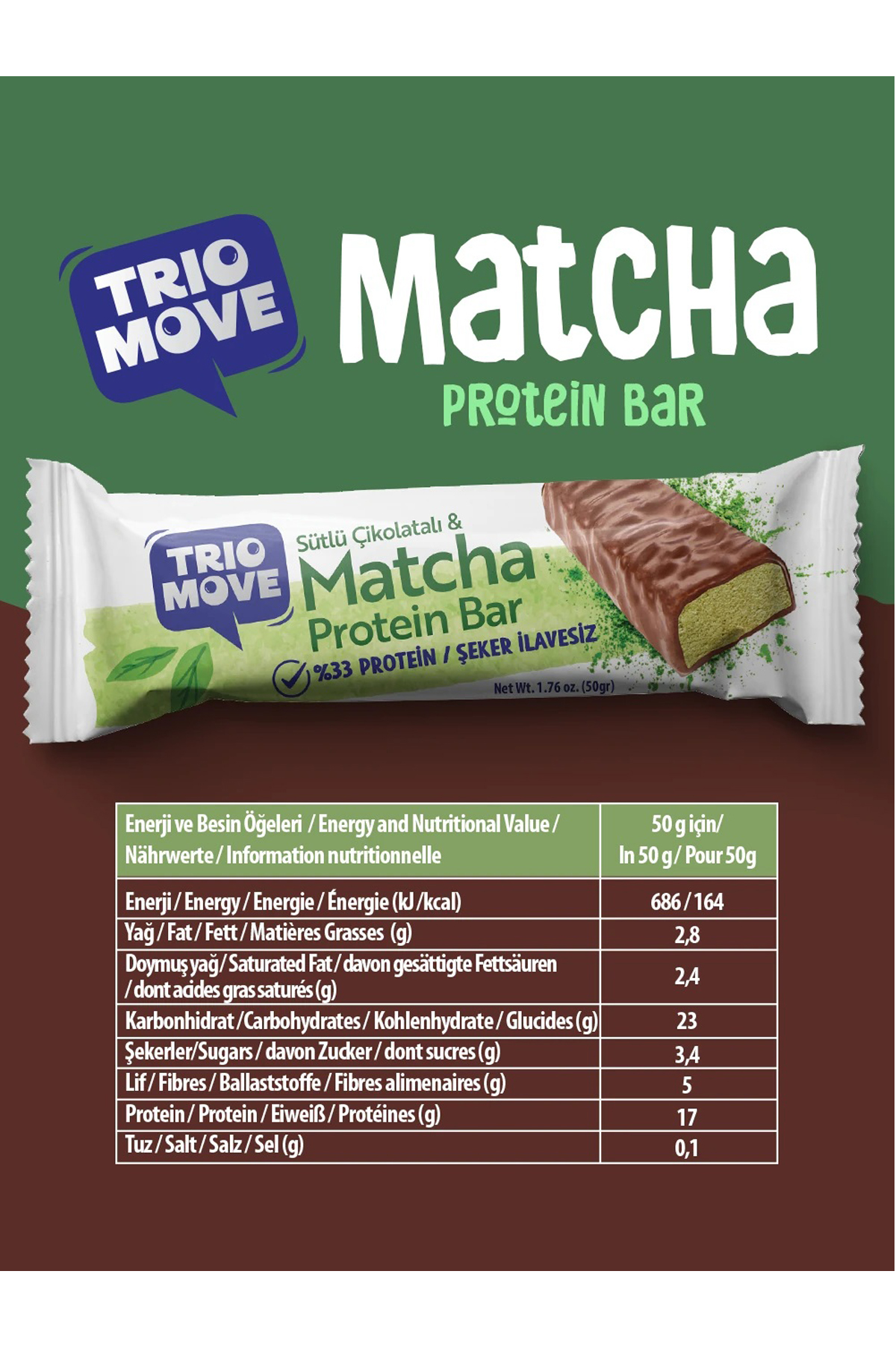 Trio Move %33 Protein Bar Matchalı ve Sütlü 50 Gr