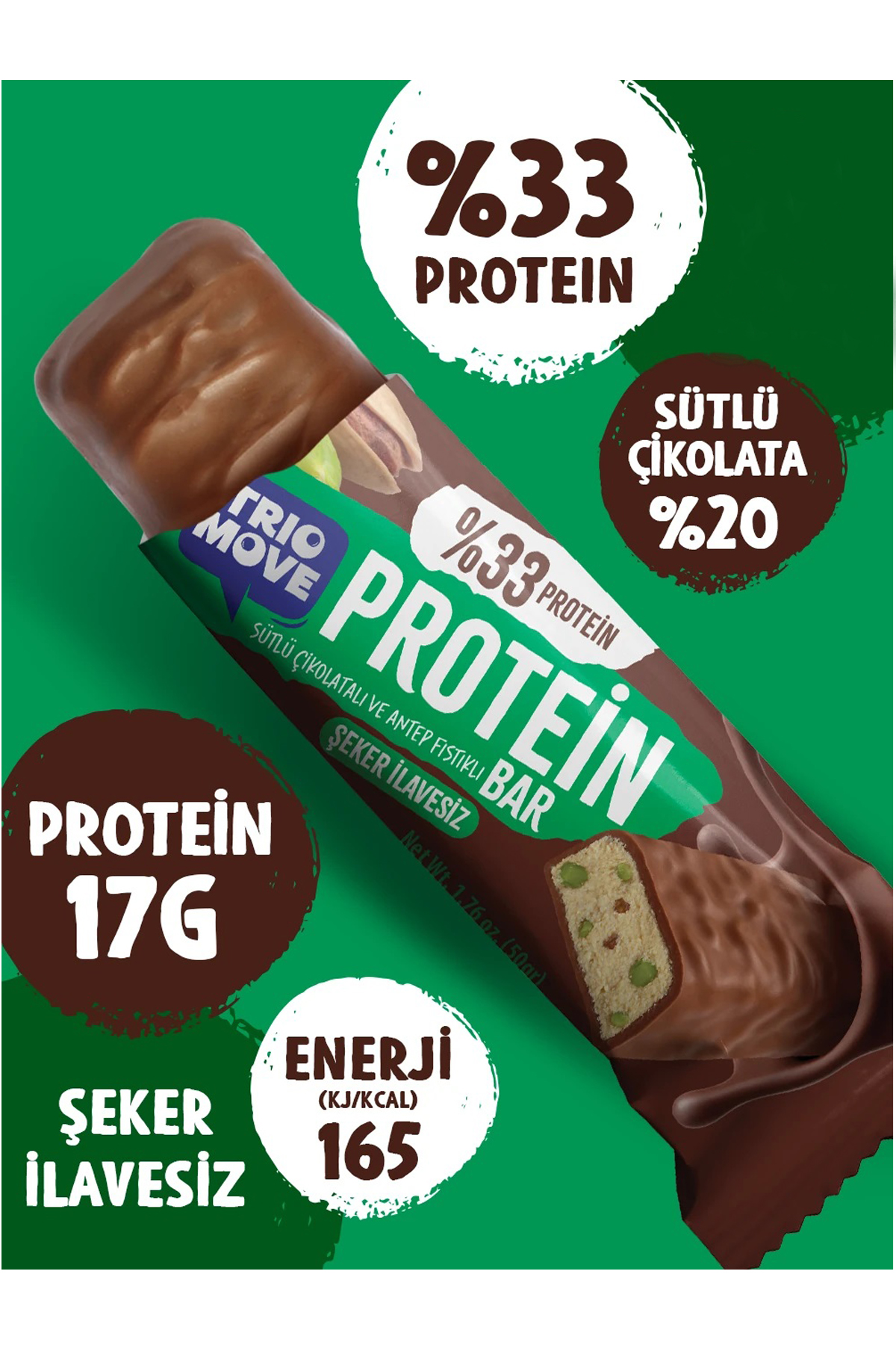 Trio Move %33 Protein Bar Antep Fıstıklı ve Sütlü 50gr
