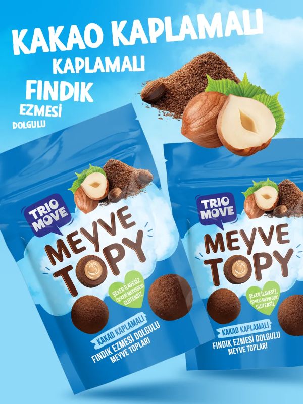 TRİO MOVE MEYVE TOPY KAKAO KAPLAMALI FINDIK EZMESİ DOLGULU MEYVE TOPLARI 96 GR 