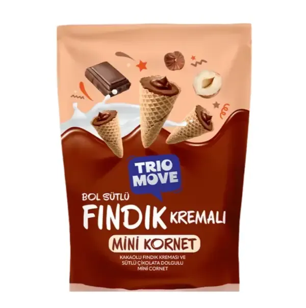 TRİO MOVE FINDIK KREMALI & SÜTLÜ ÇİKOLATA MİNİ KORNET 55 GR