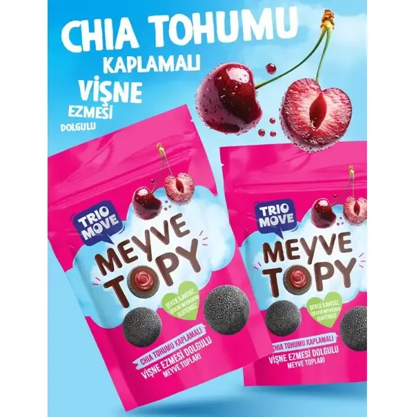 TRİO MOVE MEYVE TOPY CHIA TOHUMU KAPLAMALI VİŞNE EZMESİ DOLGULU MEYVE TOPLARI 96 GR 