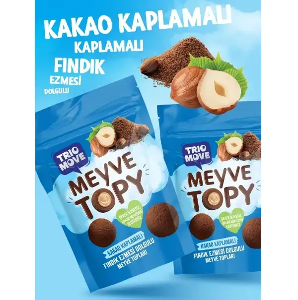 TRİO MOVE MEYVE TOPY KAKAO KAPLAMALI FINDIK EZMESİ DOLGULU MEYVE TOPLARI 96 GR 