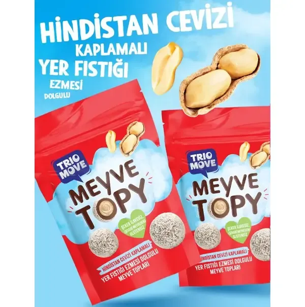TRİO MOVE MEYVE TOPY HİNDİSTAN CEVİZ KAPLAMALI YER FISTIĞI EZMESİ DOLGULU MEYVE TOPLARI 96 GR 