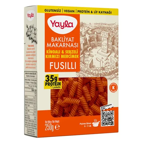 Yayla Bakliyat Makarnası Kinoalı Ve Sebzeli Kırmızı Mercimek Fusilli 250 Gr