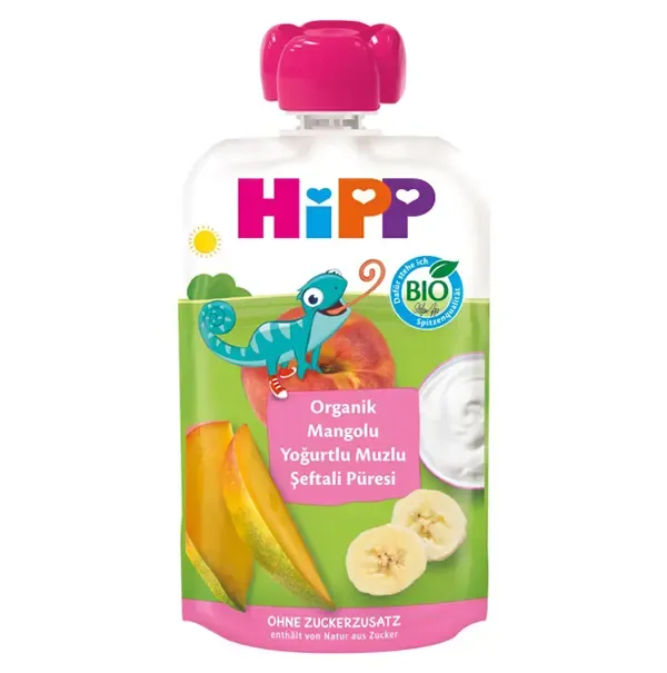HİPP ORGANİK YOĞURTLU MANGOLU MUZLU ŞEFTALİ PÜRESİ 100 GR 